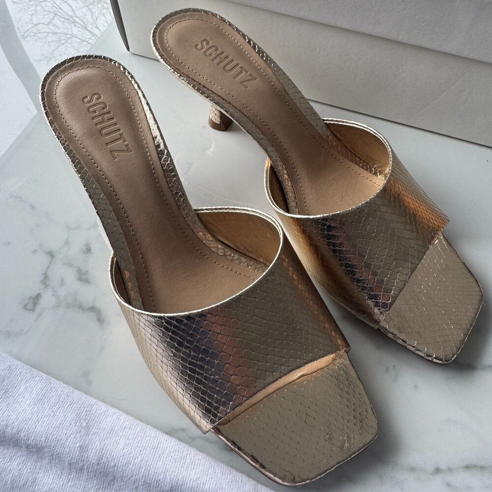 NIB Schutz Dethalia Metallic Platina Snake Leather Sandal (Box + Dust Bag) 8B